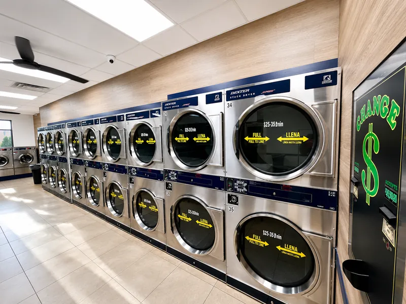 Angled view down a wall of stacked stainless dryers lit by daylight, with a change machine at the far end