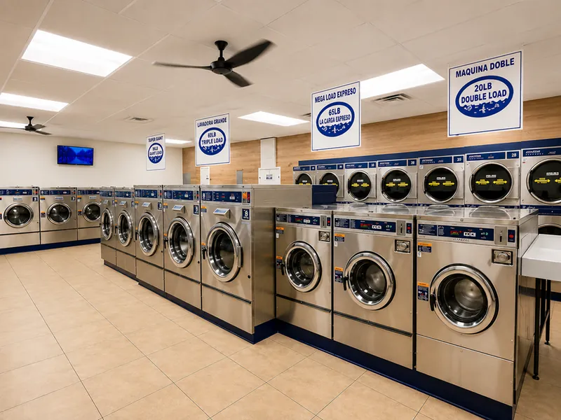 A long row of stainless-steel Dexter washers receding into the room beneath overhead load-size signs